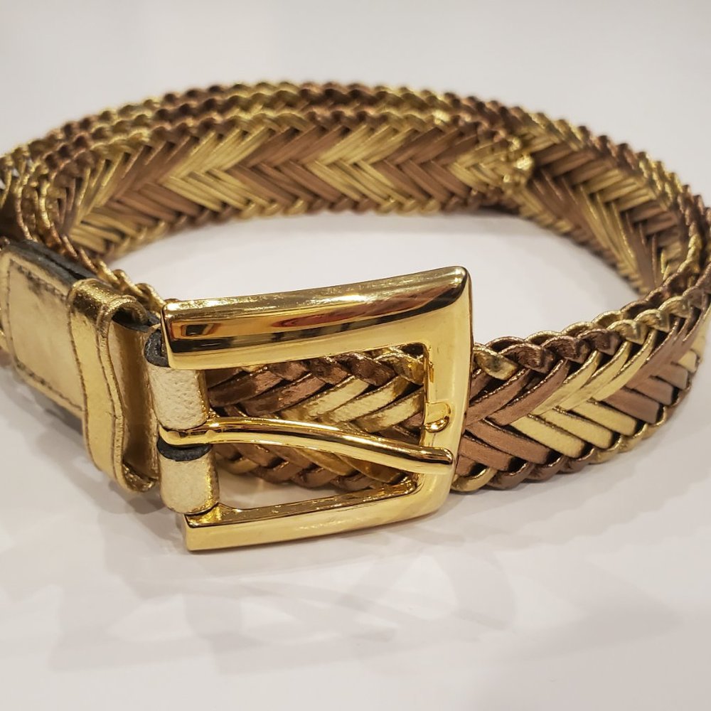 Women's Metallic Braided Woven Belt Gold & Bronze PVC Boho Southwestern